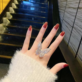 Womens Butterfly Ring,Fashion Rhinestone Butterfly Ring Personality Hollow Butterfly Ring Adjustable Open Crystal Ring Girls Exquisite Zirconia Ring Jewelry Gift for Birthday Party-Silver